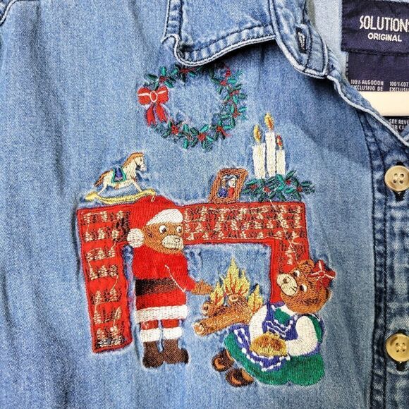 Vintage Christmas Embroidered Applique Denim Button Up Shirt - Picture 4 of 6